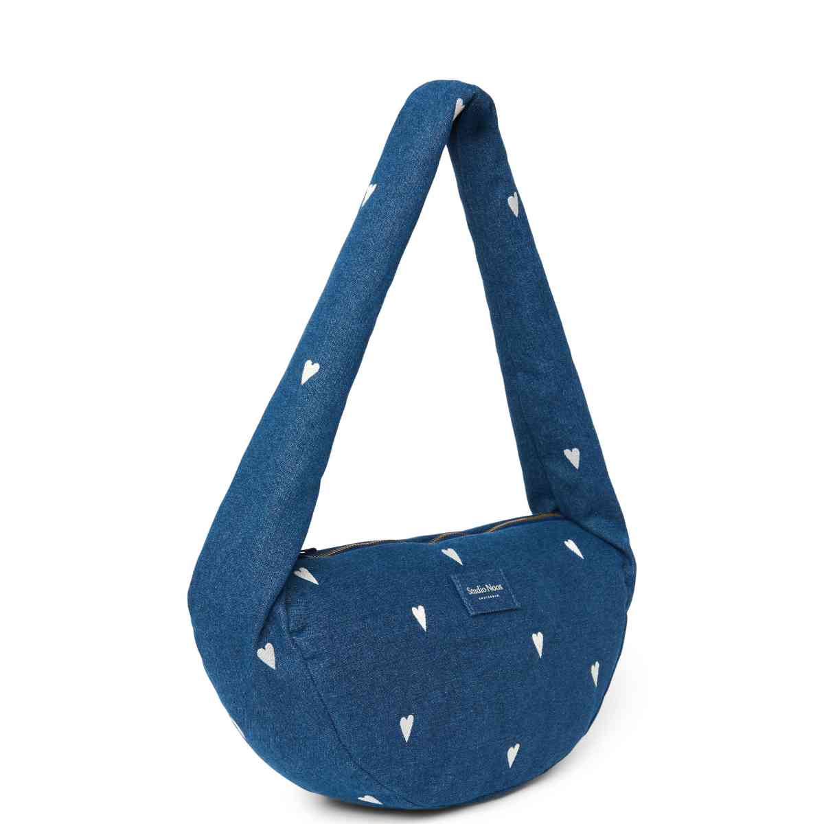 Susie Nove Handtas in Blauw met Hartjespatroon - Schuine Weergave