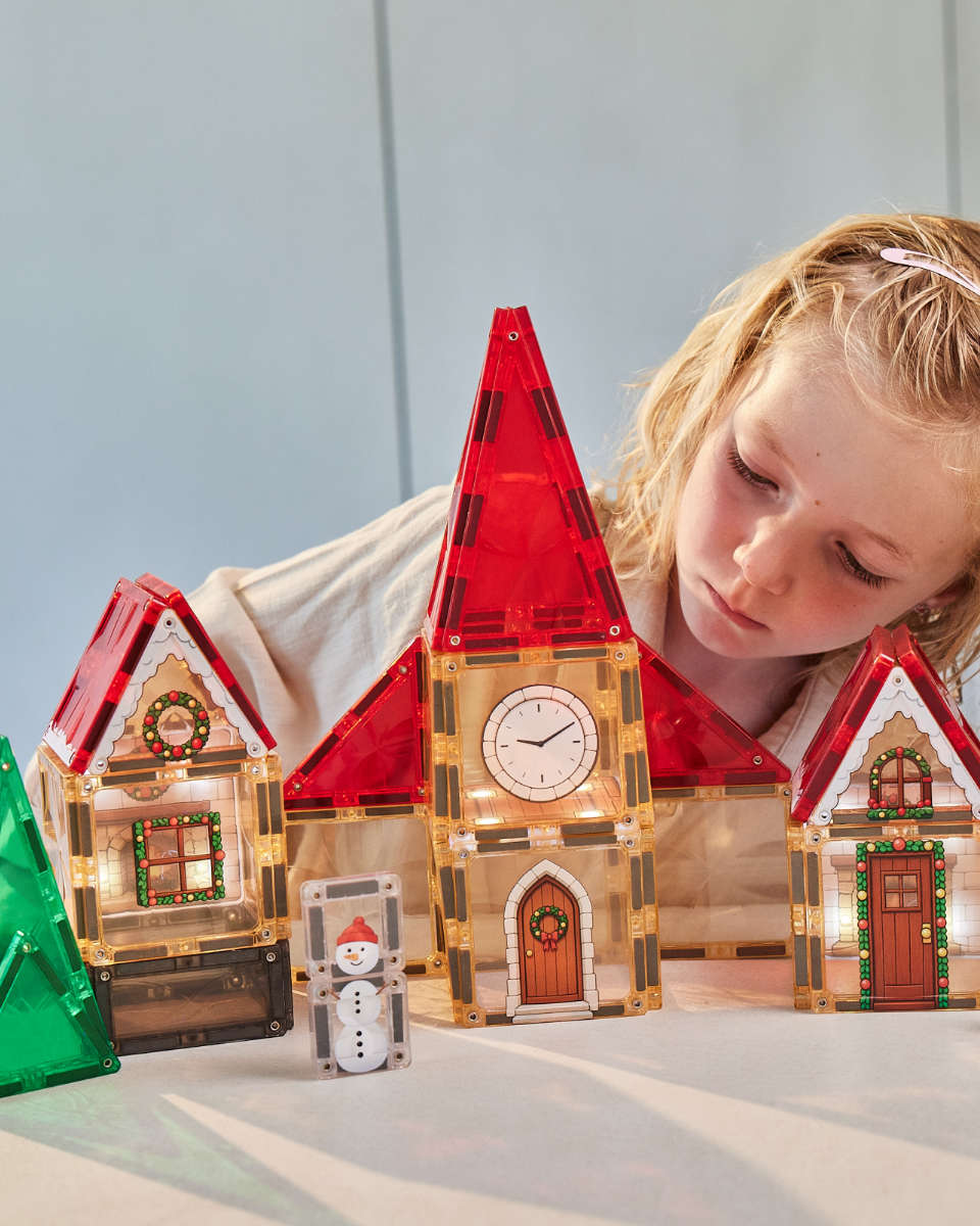 Cleverclixx Christmas Village Adventskalender Magnetische Bouwblokken met Licht, 46 Delig