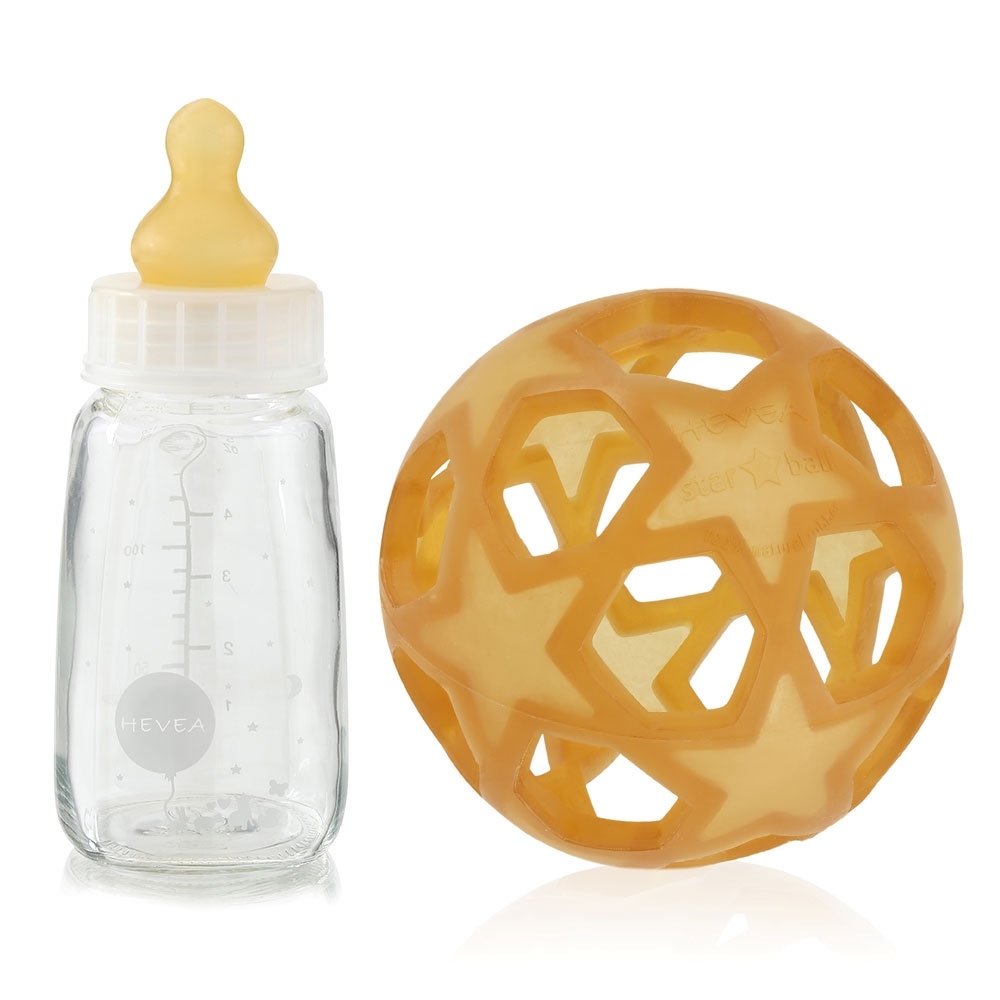 Hevea babyflesje glas 120 ml + Starr Ball