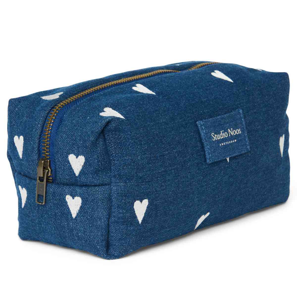 Studio Noos Tas in Blauw met Witte Harten - Schuine Aanzicht