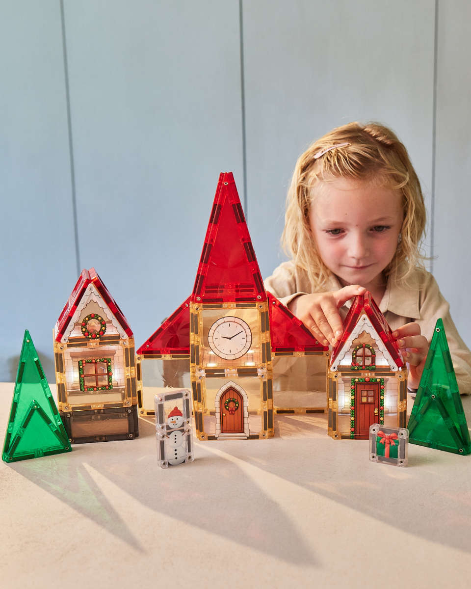 Cleverclixx Christmas Village Adventskalender Magnetische Bouwblokken met Licht, 46 Delig