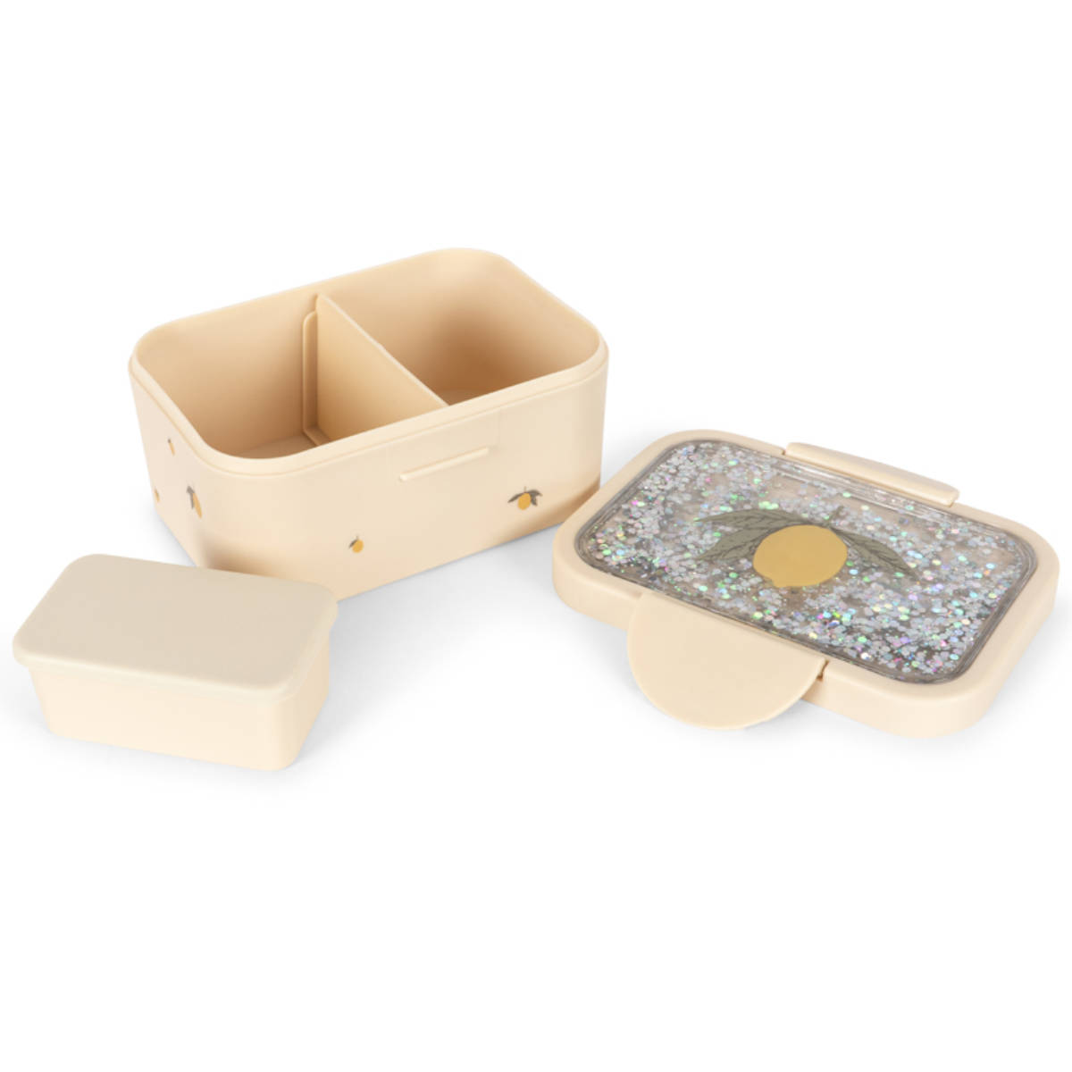 Beige lunchtrommel met glitterdeksel - schuin van boven