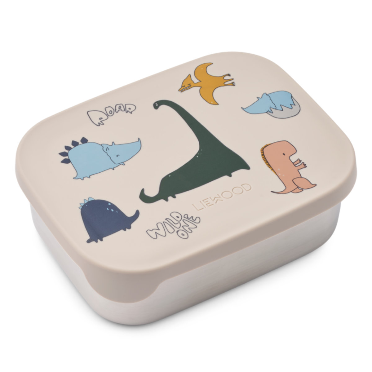 Liewood Lunchbox met Dinosaurierprint in Beige - Schuine Aanblik