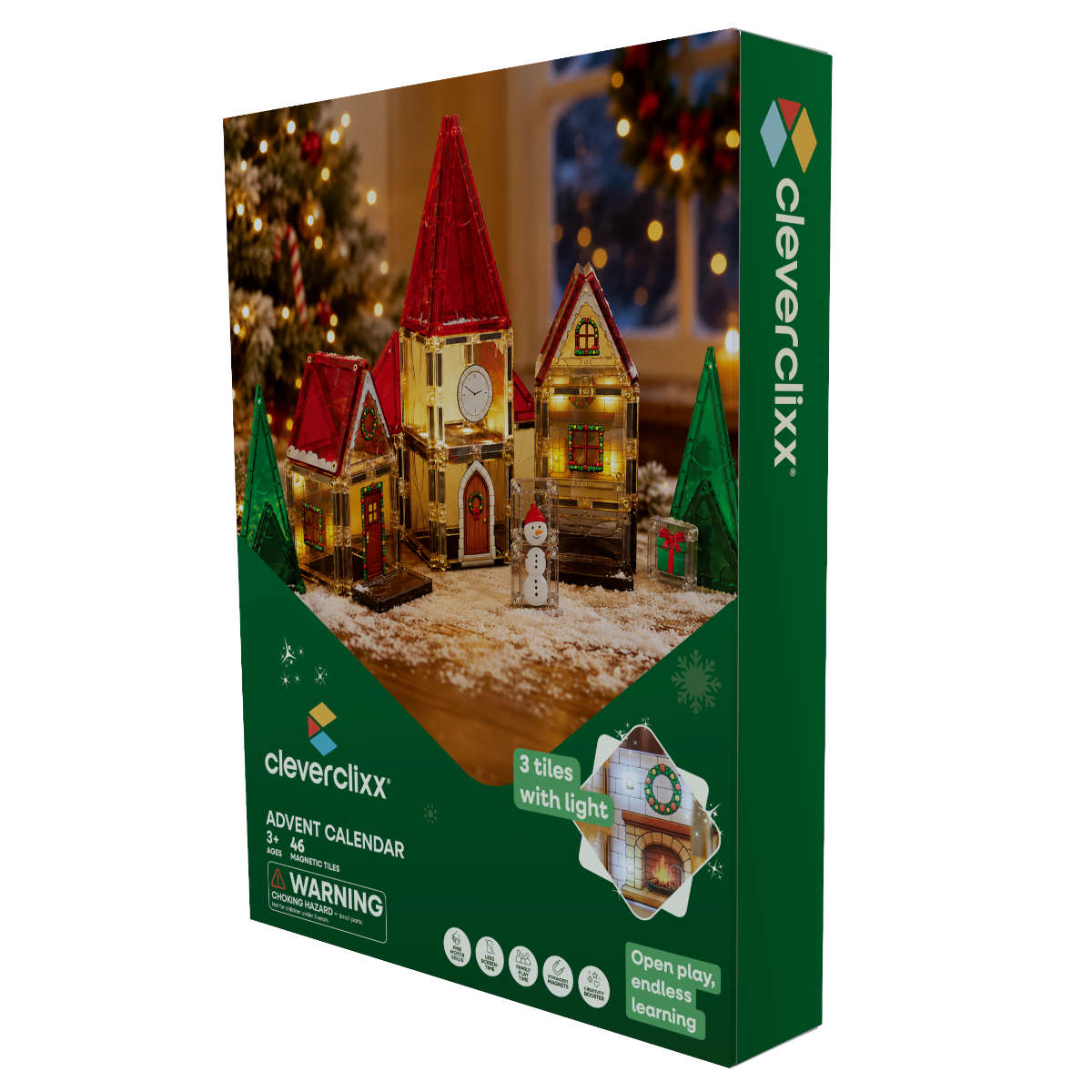 Cleverclixx Christmas Village Adventskalender Magnetische Bouwblokken met Licht, 46 Delig
