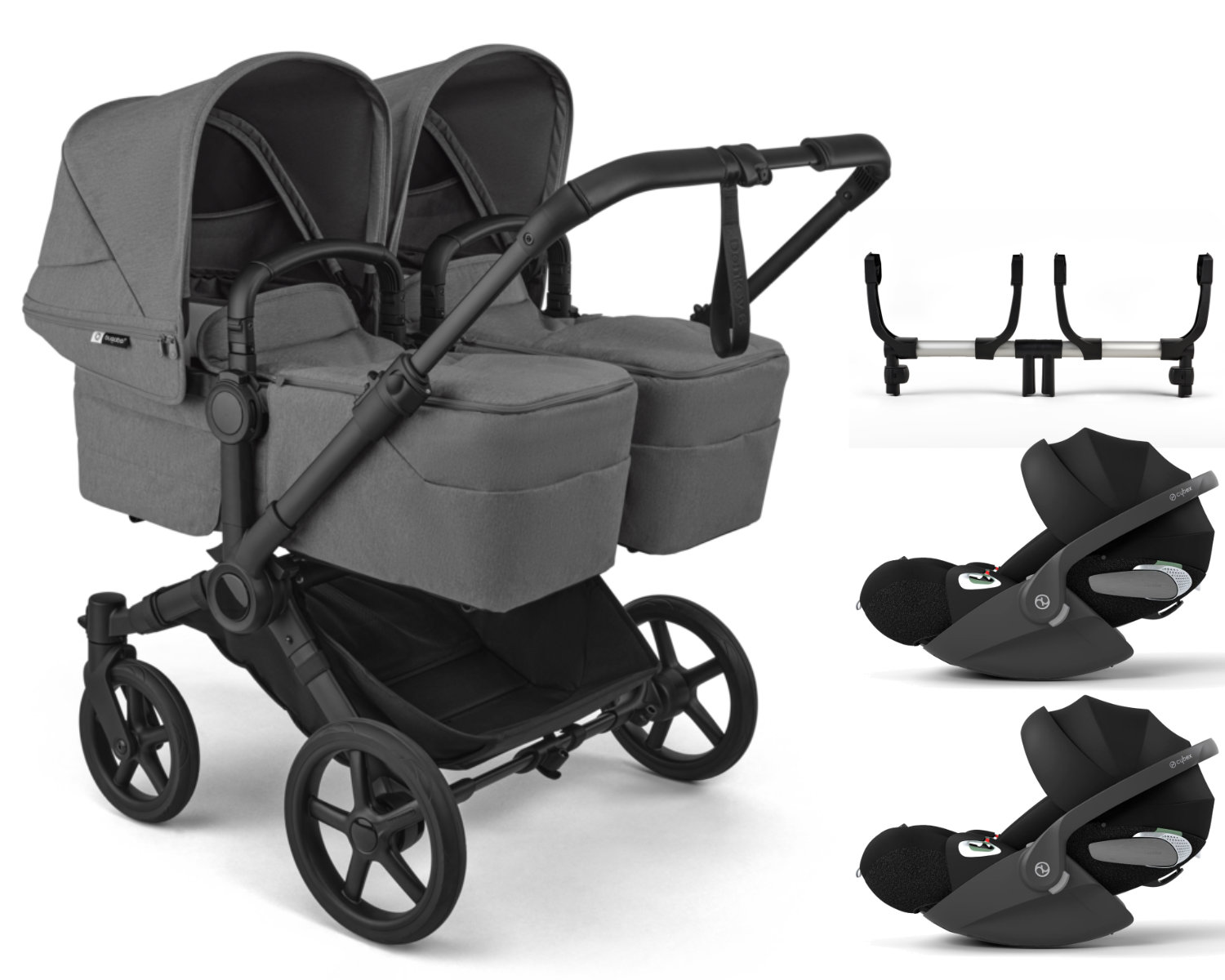 Bugaboo Donkey 6 Twin Kinderwagen Set 3 in 1 in Grijs - schuine aanzicht