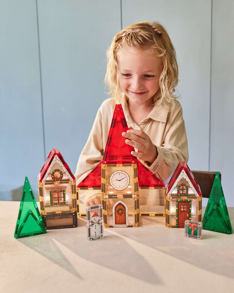 Cleverclixx Christmas Village Adventskalender Magnetische Bouwblokken met Licht, 46 Delig