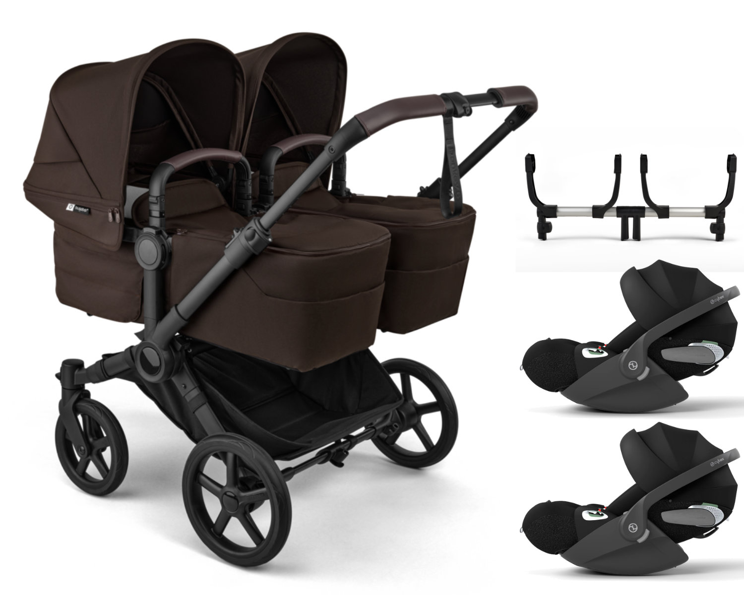 Bugaboo Donkey 6 Twin Kinderwagen Set 3 in 1 in Bruin - schuine aanzicht – inkl Cybex Cloud i-Size
