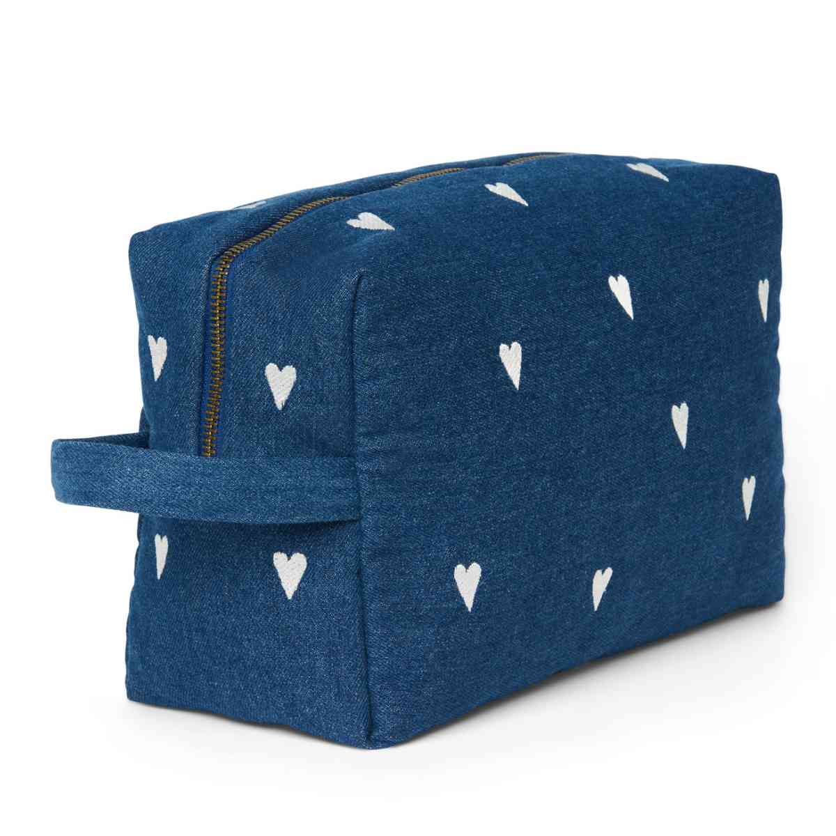 Cosmetische Tas Blauw met Witte Harten - Schuine Aanblik