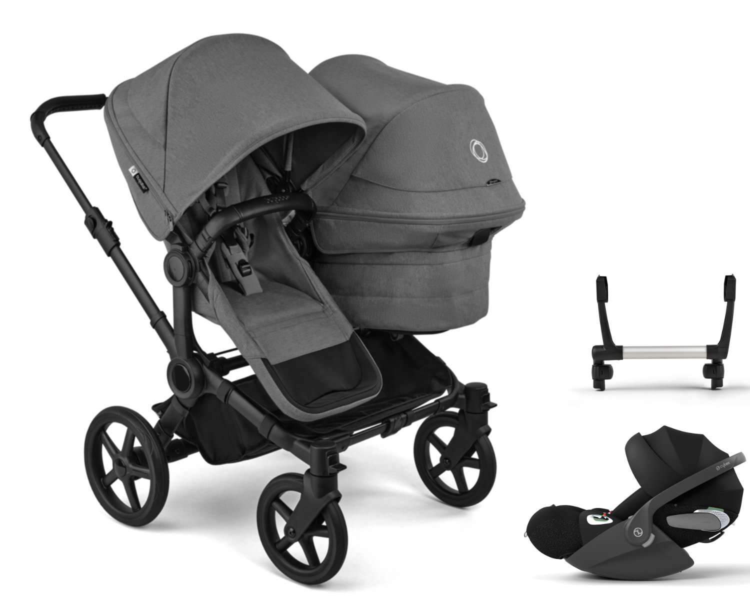 Bugaboo Donkey 6 Duo Kinderwagen Set 3 in 1 in Grijs - schuine aanzicht