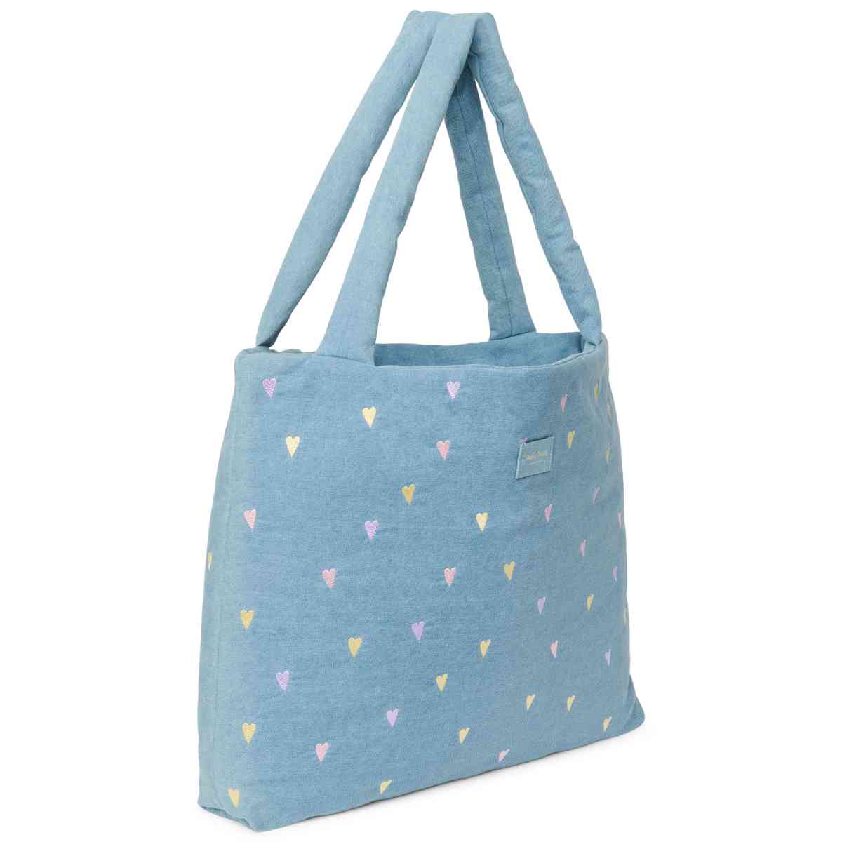 Turquoise tas met hartjespatroon - schuine aanzicht