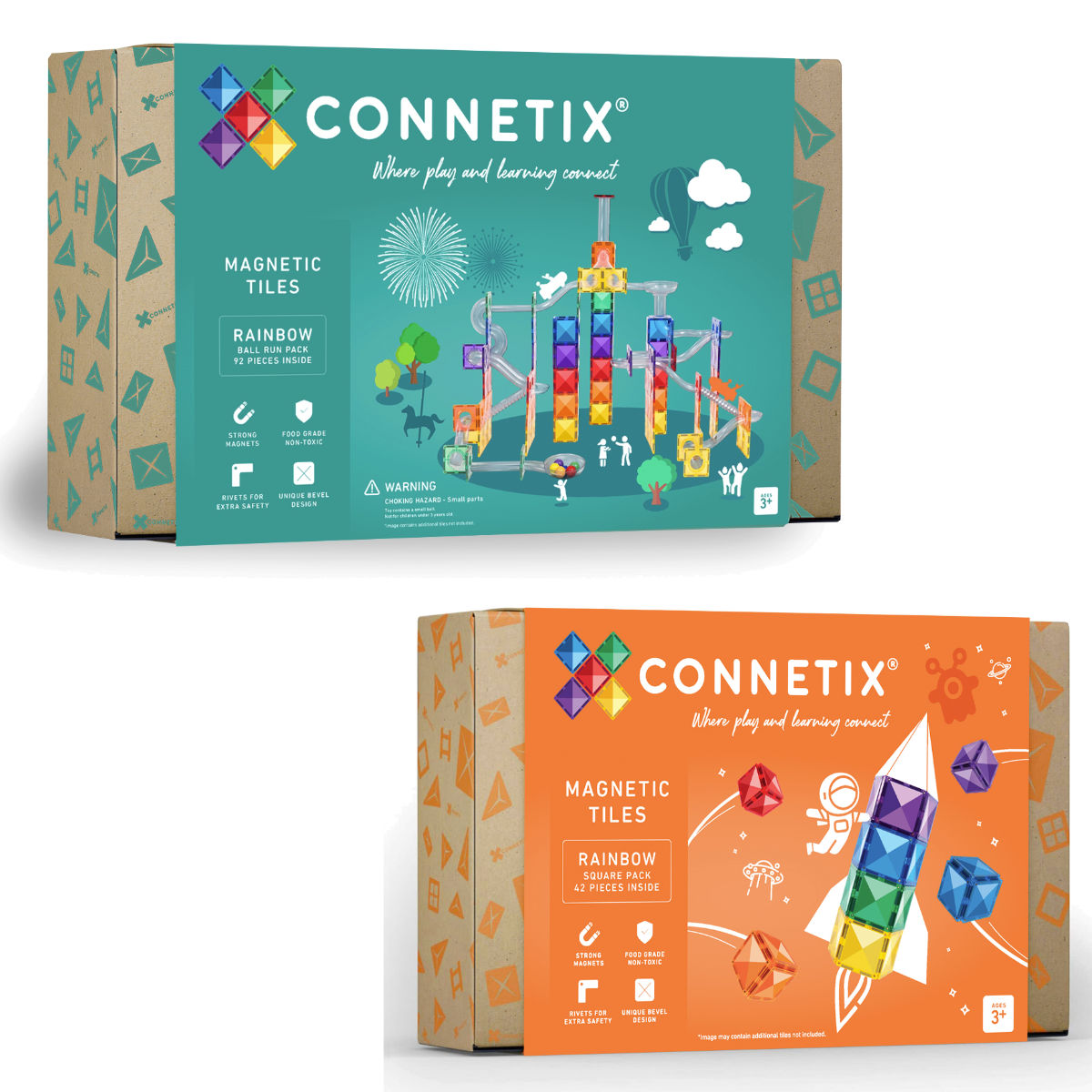 Connetix Magnetische Bouwstenen Regenboog Set – Knikkerbaan & Vierkanten Set - 134 Stuks