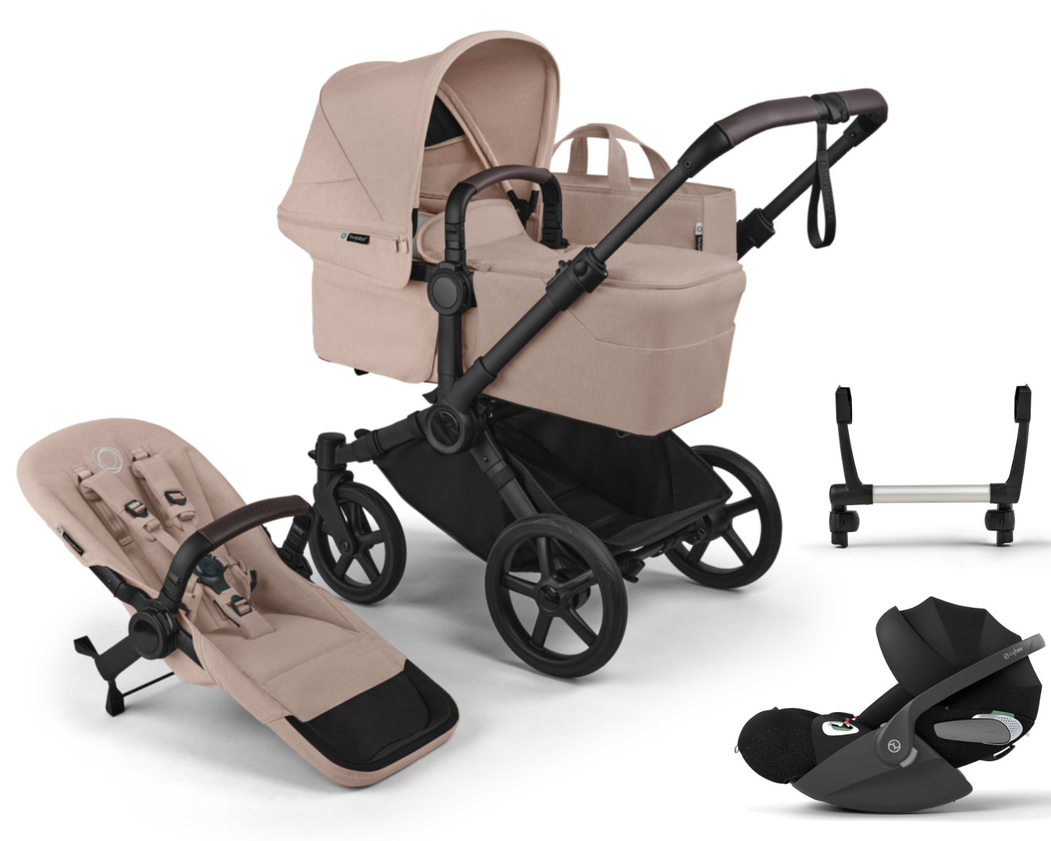 Bugaboo Donkey 6 Mono kinderwagen set 3 in 1 in beige - schuine aanzicht – inkl Cybex Cloud i-Size Babyschale