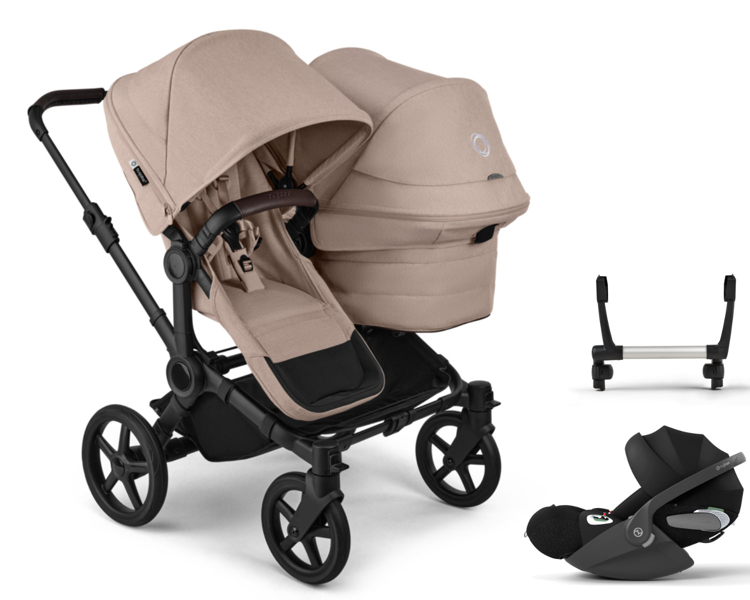 Bugaboo Donkey 6 Duo Kinderwagen Set 3 in 1 in Beige - schuine aanzicht – inkl Cybex Cloud i-Size