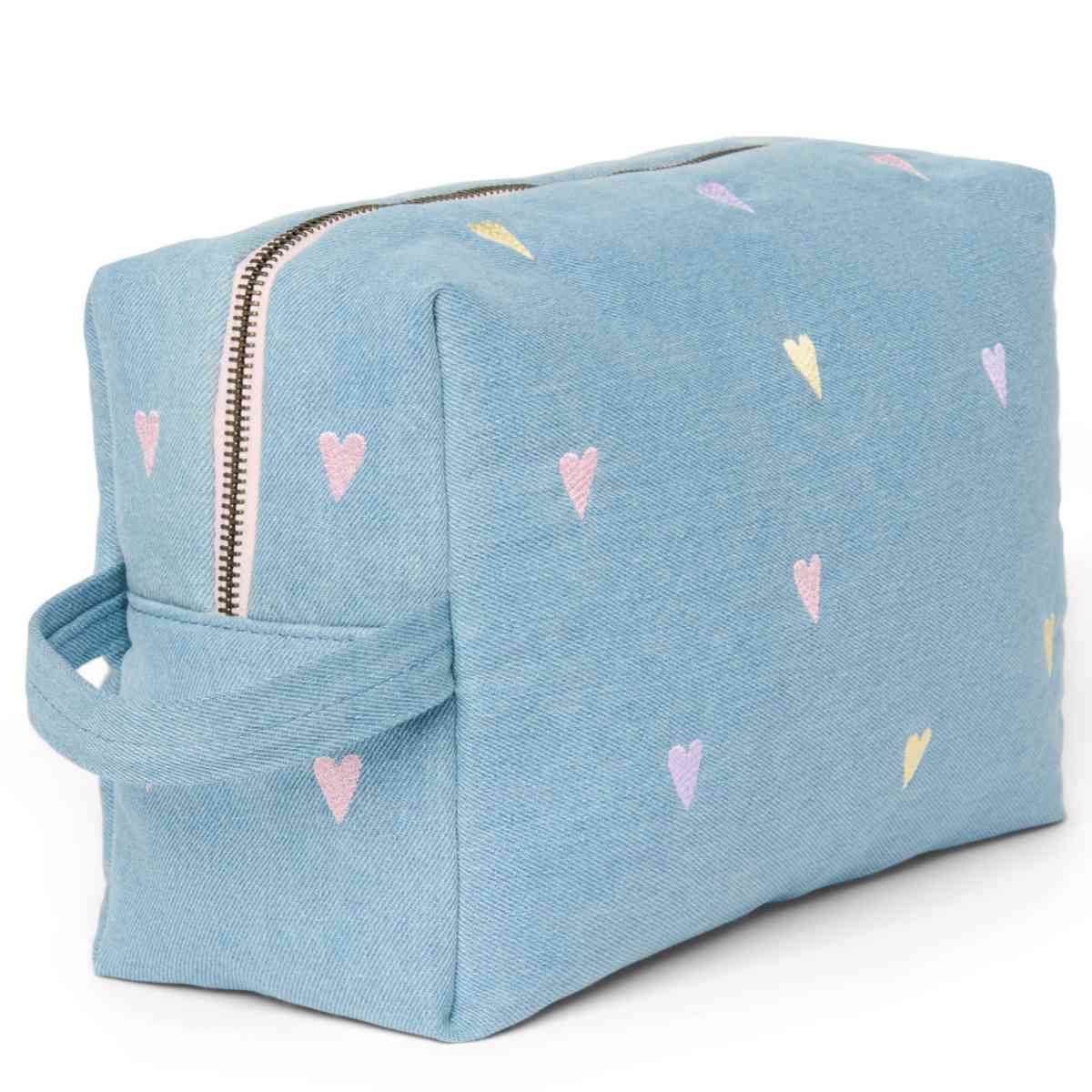 Blauwe tas met hartpatroon - schuine aanzicht
