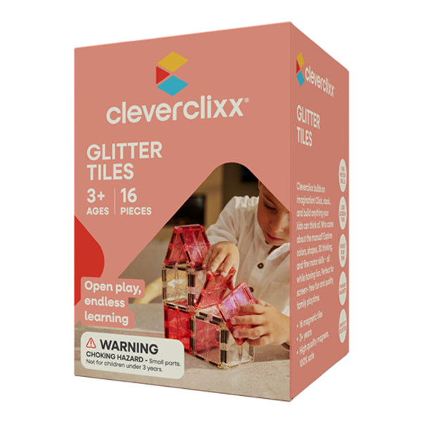 Cleverclixx Glitter Tiles Pack Transparant/Roze – 16 Stuks Magnetische Tegels