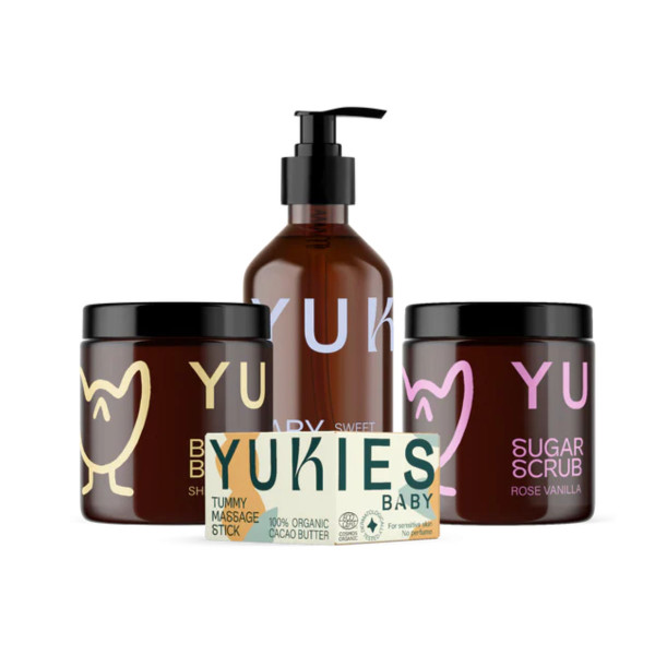 YUKIES Geschenkdoos - Biologische Babyolie, Body Butter, Buikmassage Stick & Suikerscrub