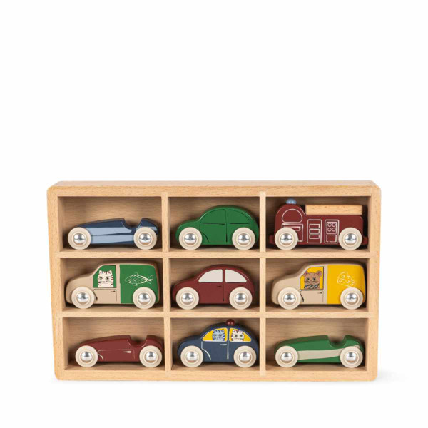 Konges Sløjd Mini Auto’s – Set van 9 houten wagentjes